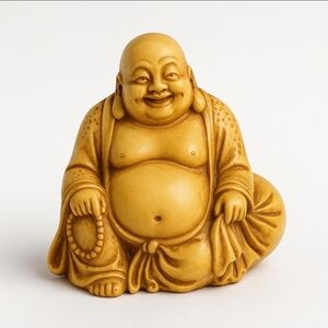 Vintage Resin Laughing Buddha Figurine Faux Ivory Finish Happy Buddha Feng Shui